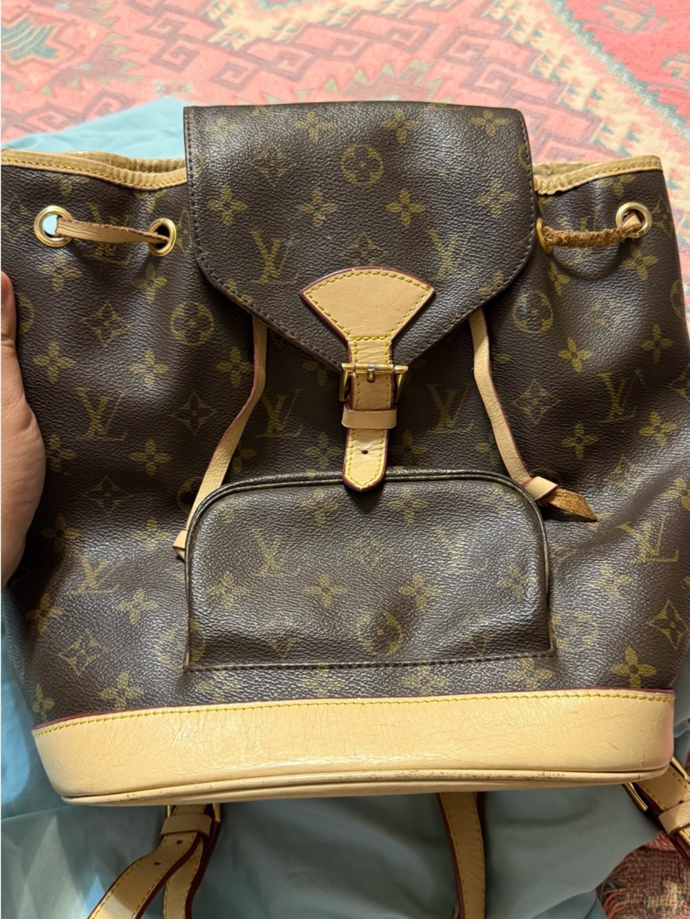 Monogram Canvas Drawstring Bag Detail with Beige Leather Trim